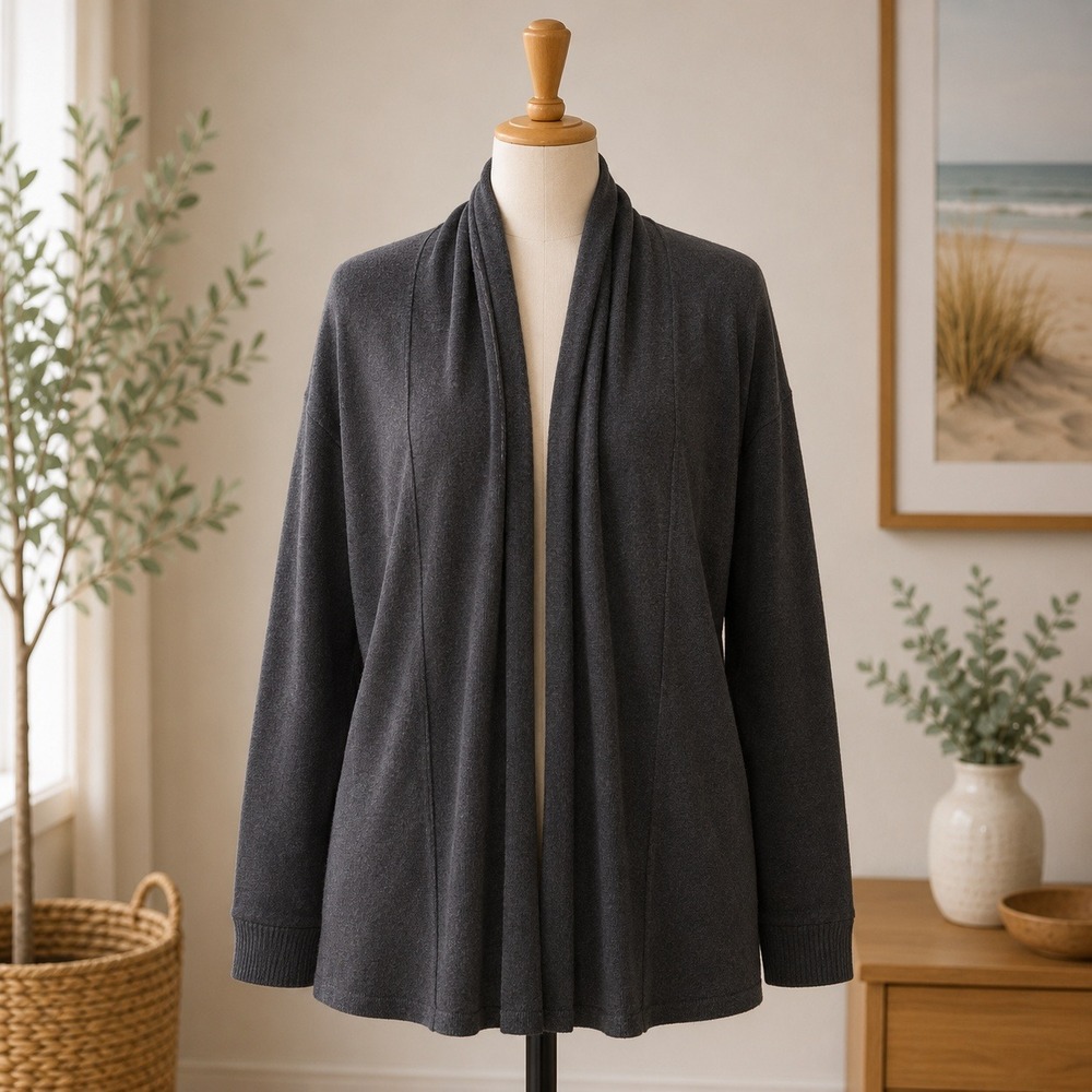 Sweaterworks Open Front Cardigan Womens‎ Large Black Shawl Collar Rayon Knit